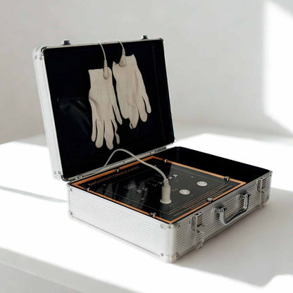 Апарат NeuroPulse EMS Pro — вигляд спереду з рукавичками зі срібною ниткою